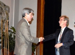 At the NESTVAL conference banquet, Anthony Bebbington, chair of the Clark University Graduate School of Geography, presented an award honoring excellence in teaching geography to Barry Stell, who teaches at South High School in Worcester.