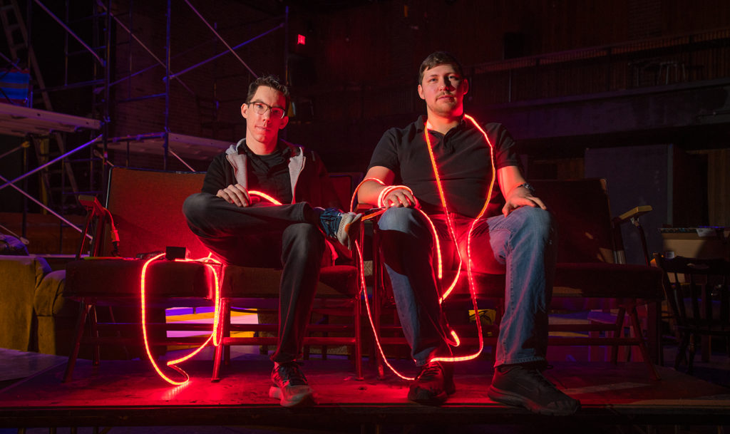 Kevin McGerigle, technical director, and Alex Rakovshik '19, lighting award winner, in Little Center