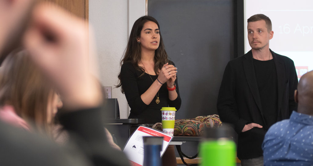 Saira Khan of Harvard Humanitarian Initiative presents to Professor John Rogan's class