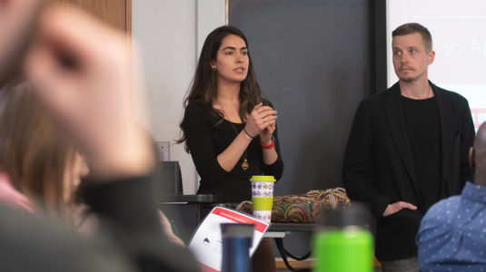 Saira Khan of Harvard Humanitarian Initiative presents to Professor John Rogan's class