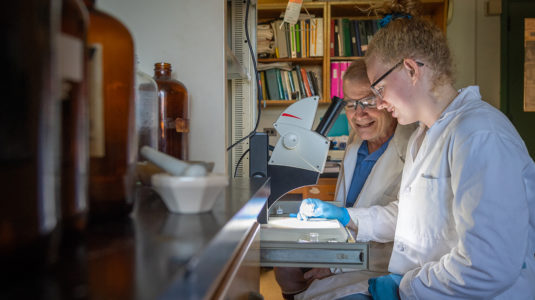 Katie Meehan ’20 discusses her compound research with Professor Mark Turnbull.