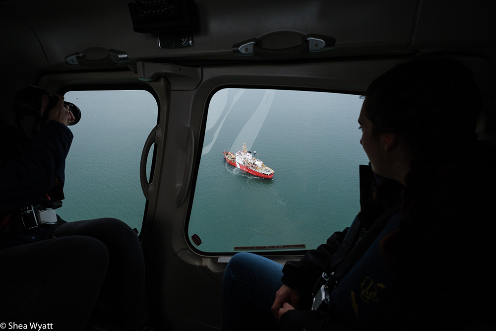 Sophie Spiliotopoulos observes the icebreaker from a helicopter.