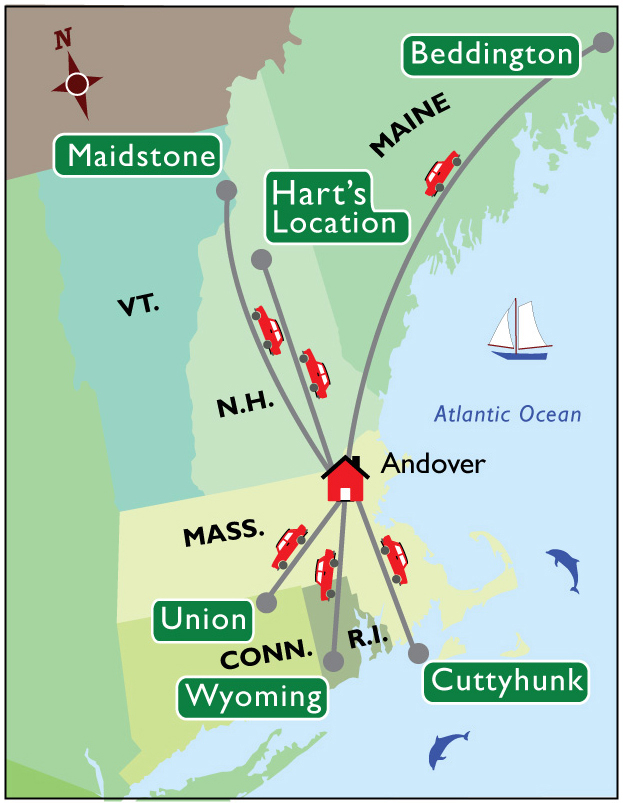 Map of New England showing the towns Julianna Lugg visited