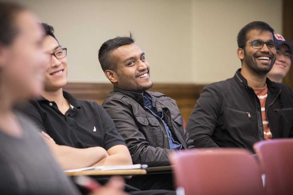 students laughing in class