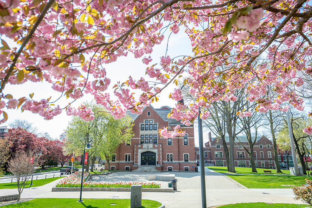 Clark University Atwood Hall in spring