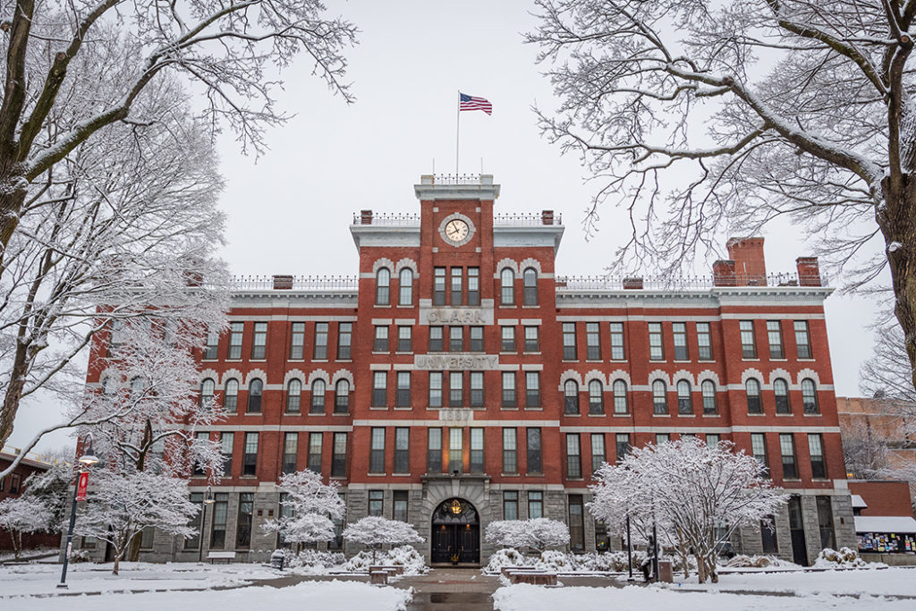 Jonas Clark Hall in the snow at Clark University