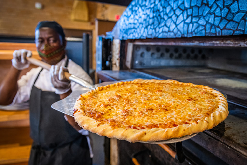 Pizza station in the Higgins Cafe at Clark University