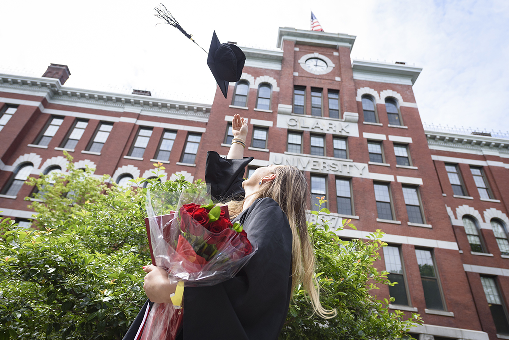 Graduate tosses cap at Clark University commencement