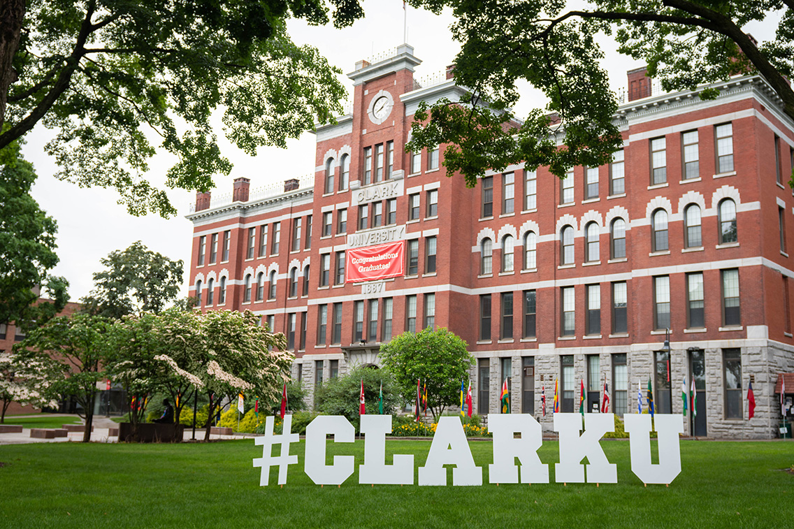 2021 Commencement letters in front of Jonas Clark hall