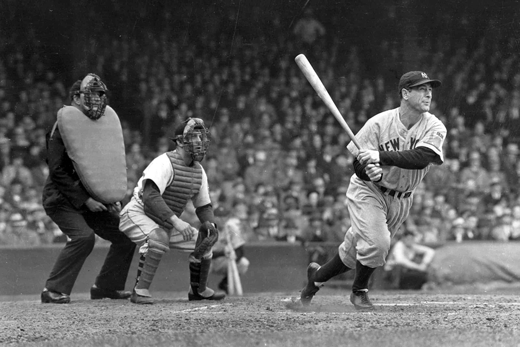 Lou Gehrig swings a bat during a game with the New York Yankees 