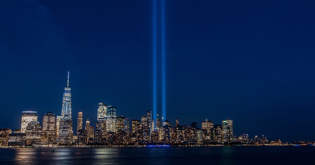 New York City skyline with World Trade Center memorial lights