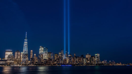 New York City skyline with World Trade Center memorial lights