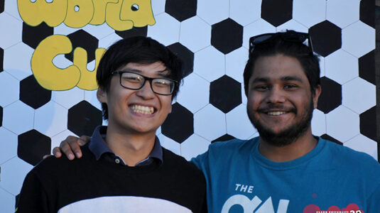 Hung Dinh Nguyen (left) and Ram Sharma ’19 at Clark’s 2018 World Cup