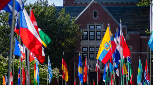 Flags on university walkway