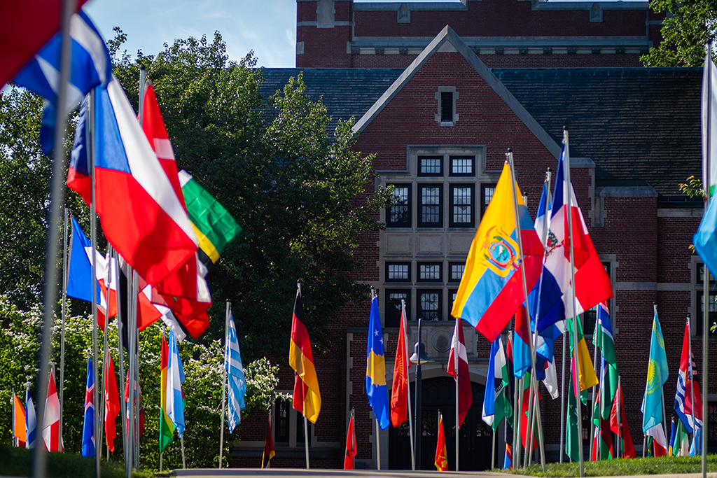 Flags on university walkway