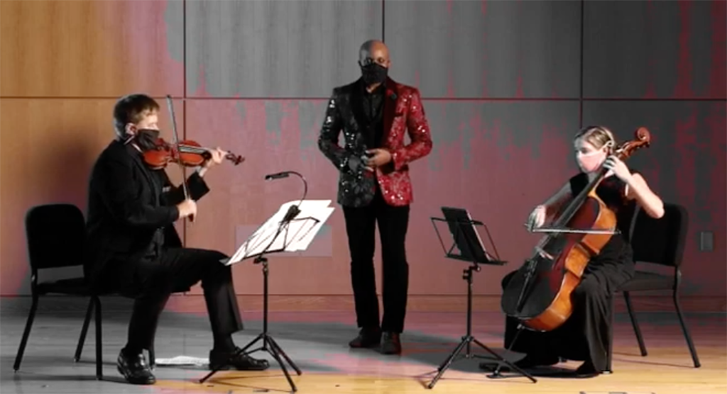 Cailin Marcel Manson, center, performs "Genius Children: Honoring the Music of Black Performers" with Peter Sulski (left) and Ariana Falk (right) in Razzo Hall in 2020.