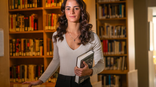 student in library