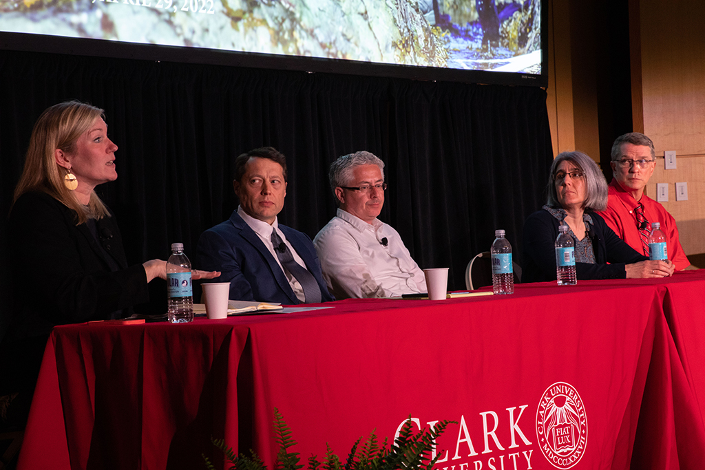 From left: Geography professors Karen Frey, Lyndon Estes, John Rogan, Deborah Martin, and Gil Pontius