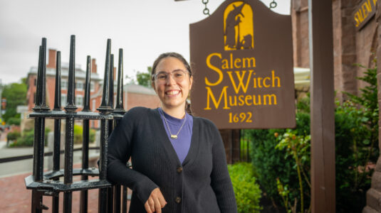 Rachel Christ-Doane stands outside Salem Witch Museum