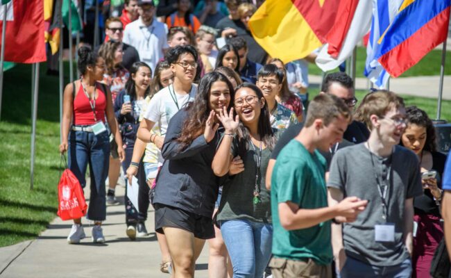 students walking on campus