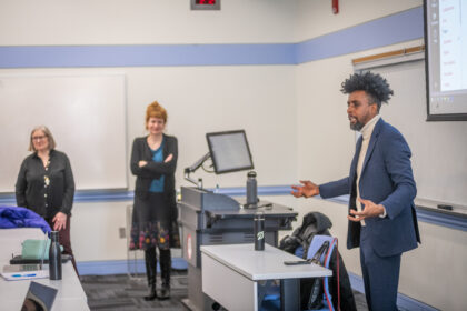 Professor Eduard Arriaga with professors Alice Valentine and Beth Gale