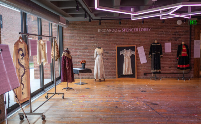 Garments on display in a fashion exhibit arranged by Maia Snyder '23, M.A. '24.