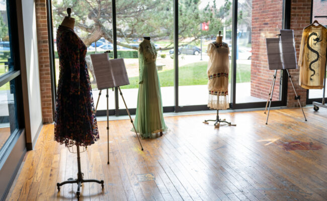 Garments on display in a fashion exhibit arranged by Maia Snyder '23, M.A. '24.