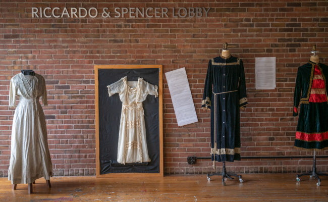 Garments on display in a fashion exhibit arranged by Maia Snyder '23, M.A. '24.