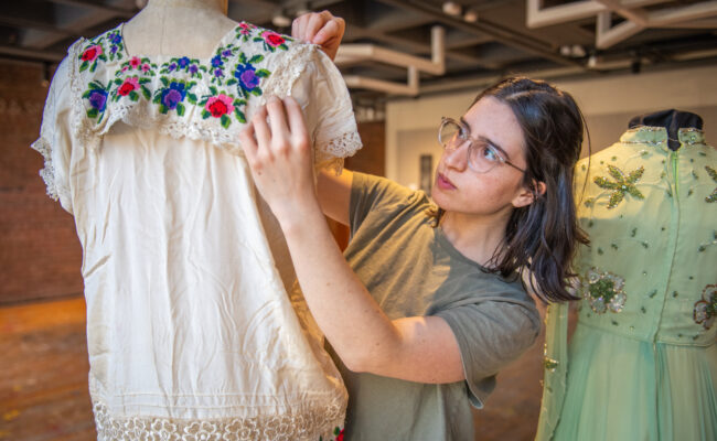 Garments on display in a fashion exhibit arranged by Maia Snyder '23, M.A. '24.