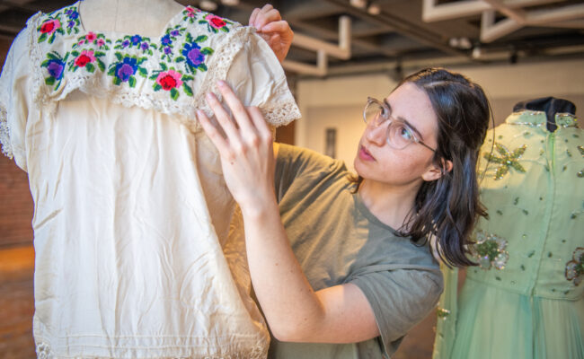 Garments on display in a fashion exhibit arranged by Maia Snyder '23, M.A. '24.