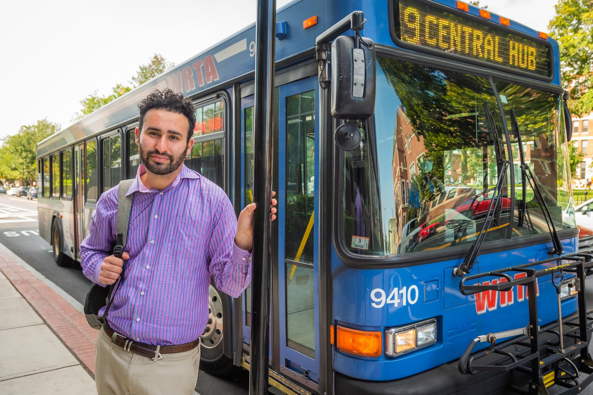 Garren Kalter in front of a WRTA bus