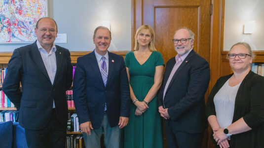 Kraków School of Business Director Piotr Buła, Clark University President David Fithian, KSB Professor Katarzyna Sanak-Kosmowska, School of Professional Studies Dean John Labrie, and Associate Dean Amy Daly Gardner.