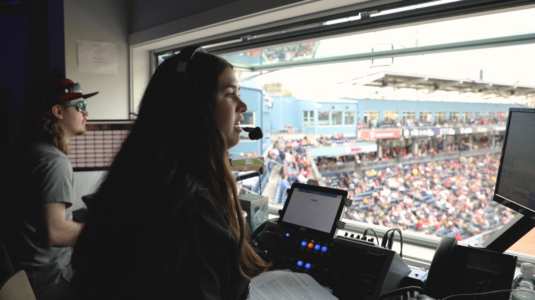 Jessica Sardilli in the control room at Polar Park.