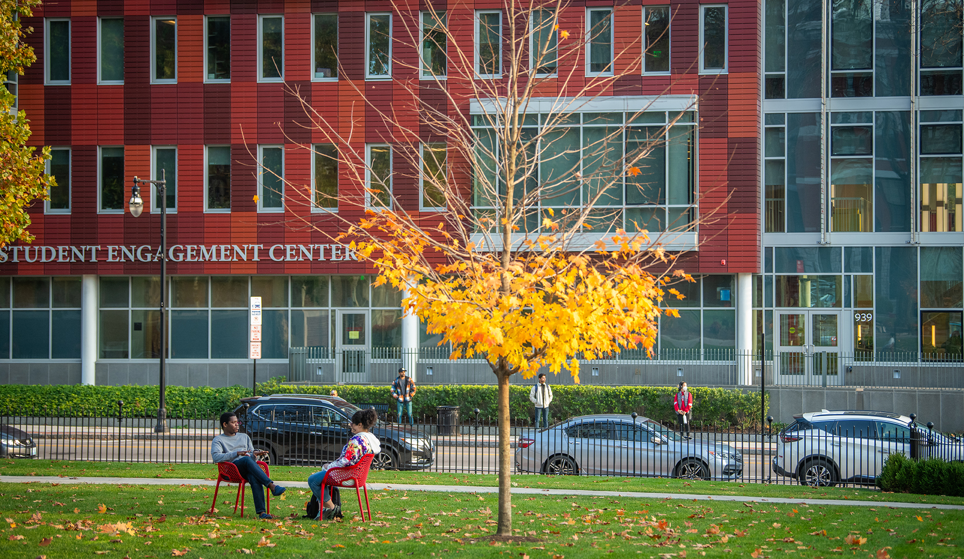 Clark University's Shaich Family Alumni and Student Engagement Center seen from the campus green