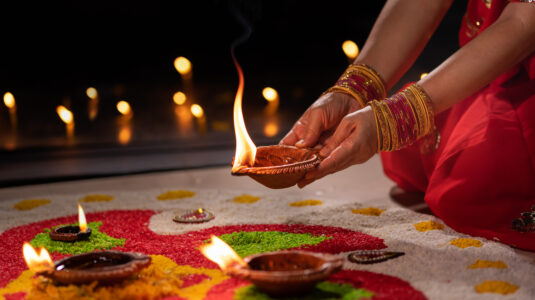 lit diya lamps