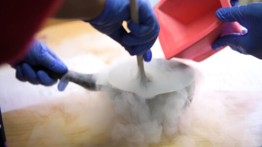 Liquid nitrogen pouring from pan