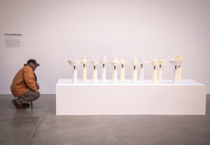 Professor James Maurelle looking at a piece of sculpture at the Institute of Contemporary Art in Boston