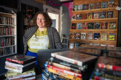 Professor Cara Berg Powers at Rewind video store.