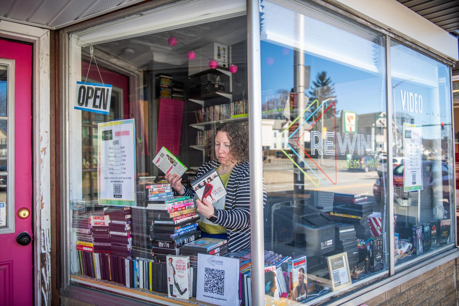 Professor Cara Berg Powers at Rewind video store.