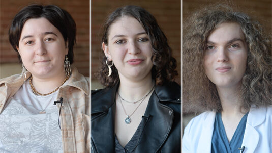 Playfest 2024 playwrights Megan Engstrom ’24, Rosie Cohen ’23, M.A. ’24, and Honey Lawless ’24