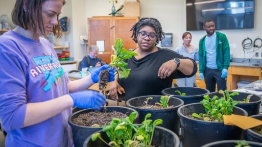 professor and students with potted plants