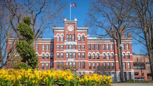 Spring flowers and Jonas Clark Hall