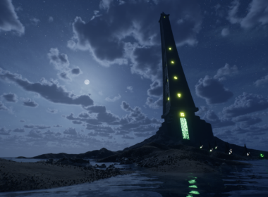 screen shot of video game with tower and night sky