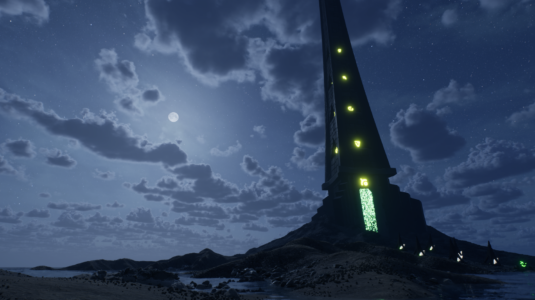 screen shot of video game with tower and night sky