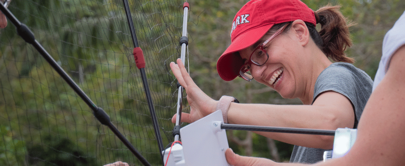 Florencia Sangermano attaching a recorder to a raft