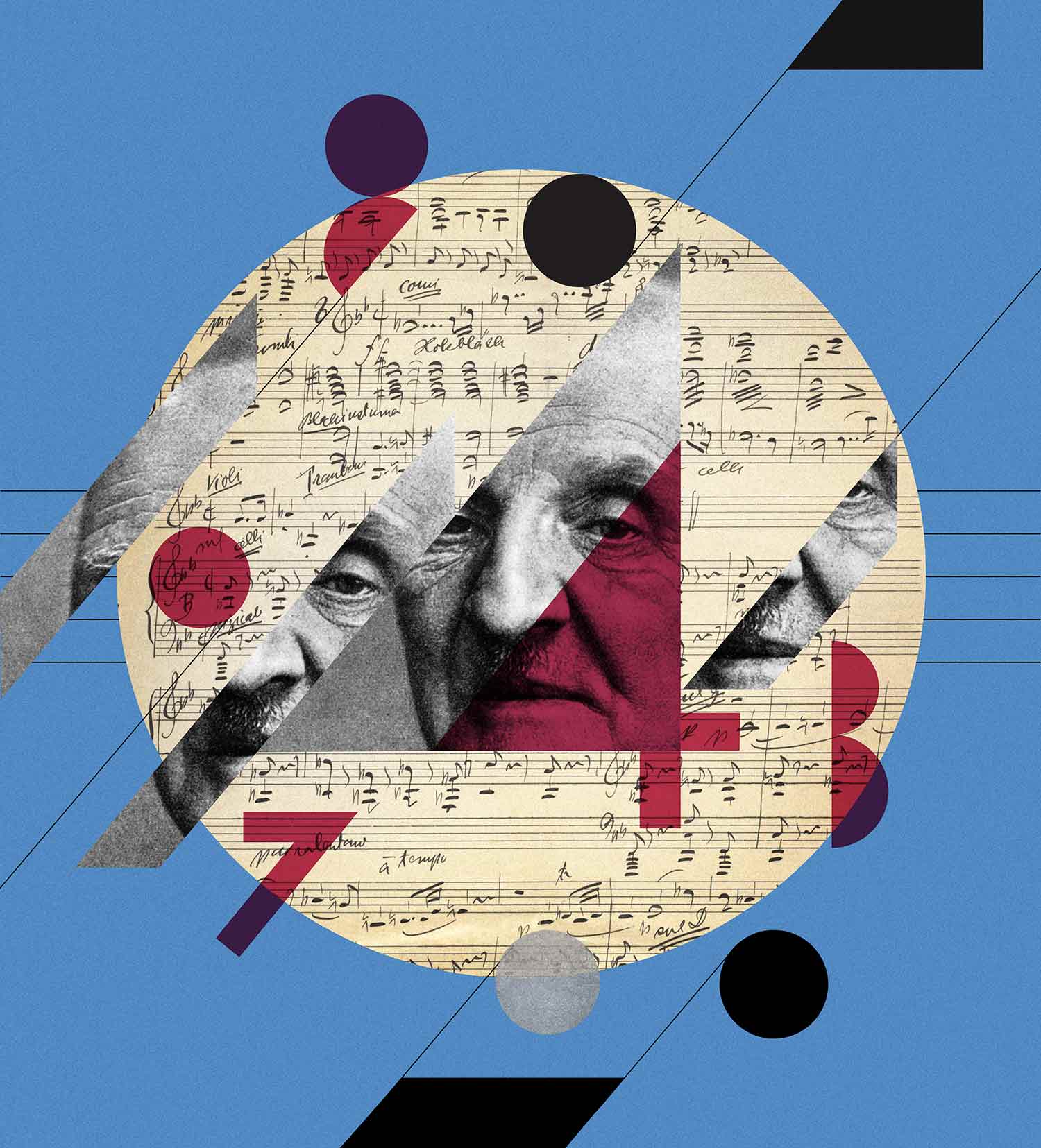 Collage style illustration with sheets of music and a portrait of Anton Bruckner