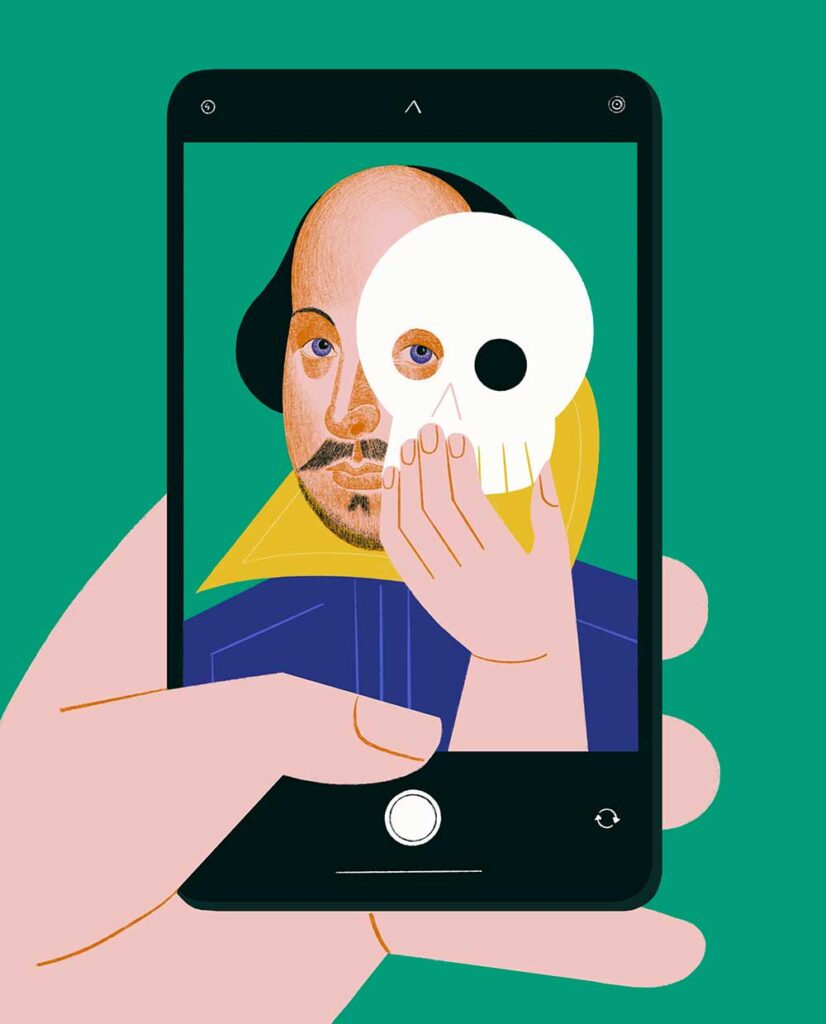 Illustration of Shakespeare behind a skull mask, seen on a mobile phone.