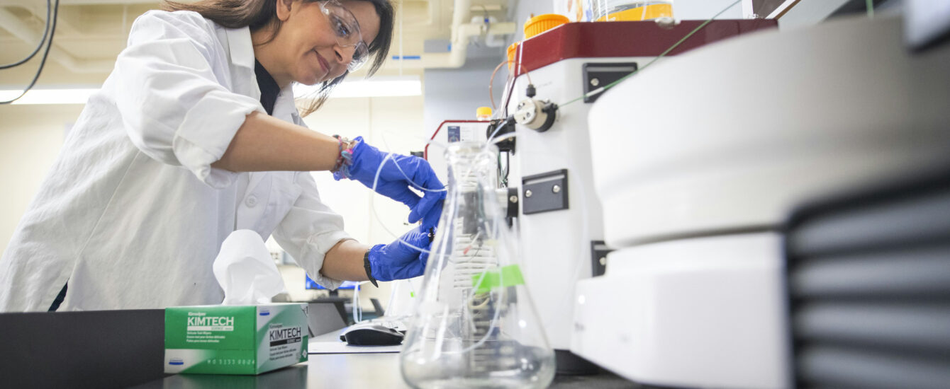 PhD student Maryam Riyazi using equipment in the new lab