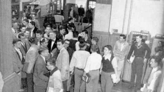 Students mingle in Jonas Clark Hall in 1954