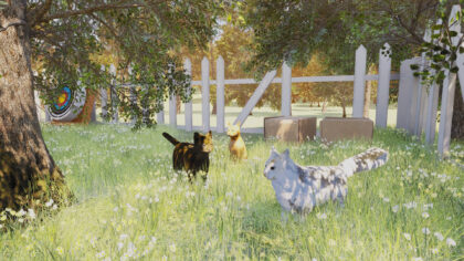 video game art of cats in grassy field